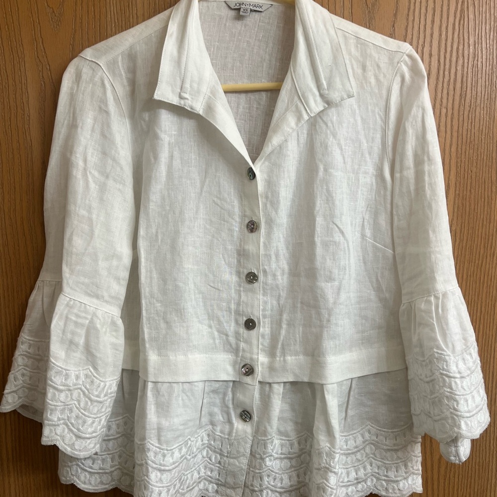 John Mark White Linen Button-Up Blouse
